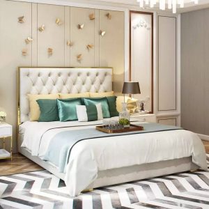 Giường Ngủ Hiện Đại Viền Vàng Đệm Da