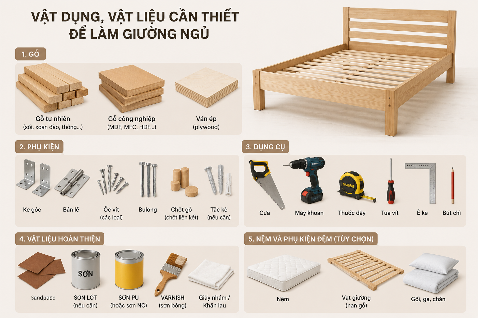 các vật liệu, vận dụng cần thiết để làm giường ngủ 